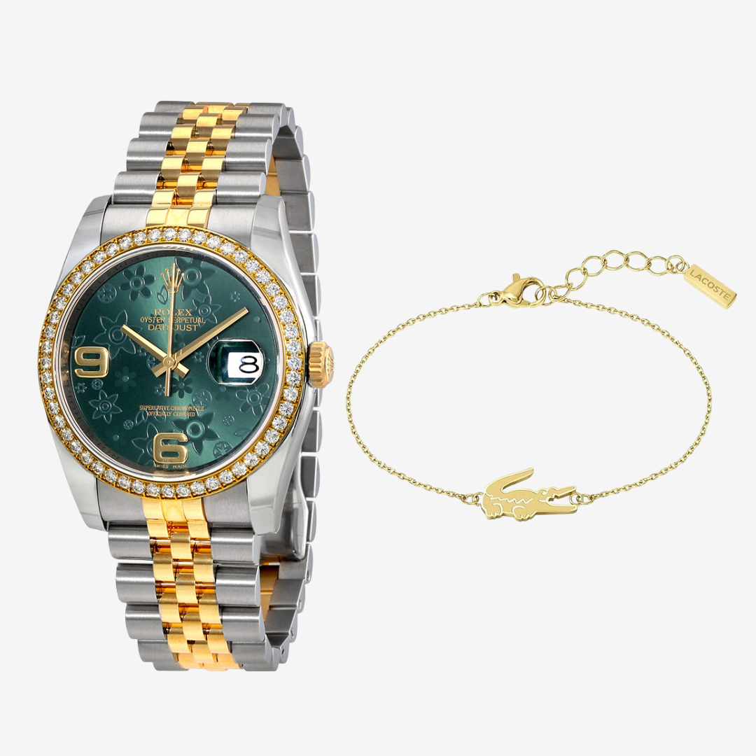 Rolex Datejust Women’s Watch 34mm Green Floral High Quality + Lacoste Women's CROCODILE Necklace
