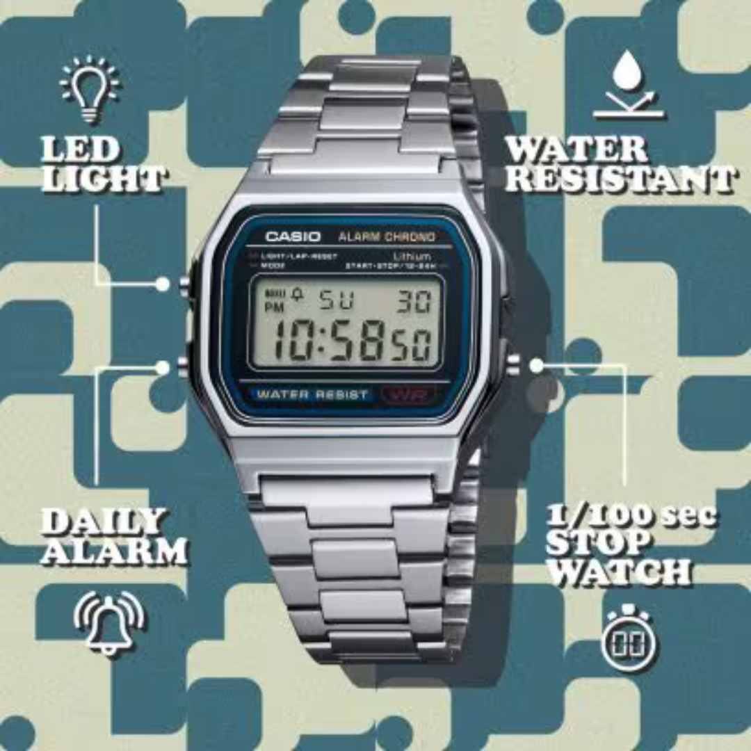 CASIO Digital wristwatch with a stainless steel strap model A159W-N1DF - Size 33 mm - Silver color