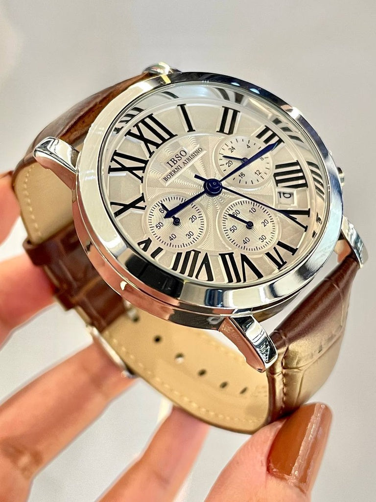 IBSO Men's Watch Light Gold Dial 44mm , Roman Numerals Brown Leather Strap Quartz Movement  Original Edition