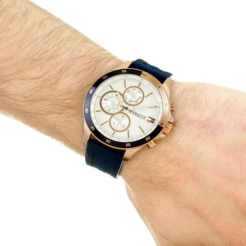 Tommy Hilfiger Men’s Quartz Watch 44mm Blue Rubber Strap White Round Dial Mirror Edition