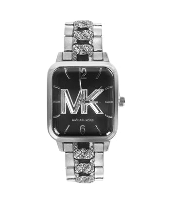 Michael Kors Women’s Square Case Quarters Watch Silver Stainless Steel Crystal Bracelet Black Dial High Quality