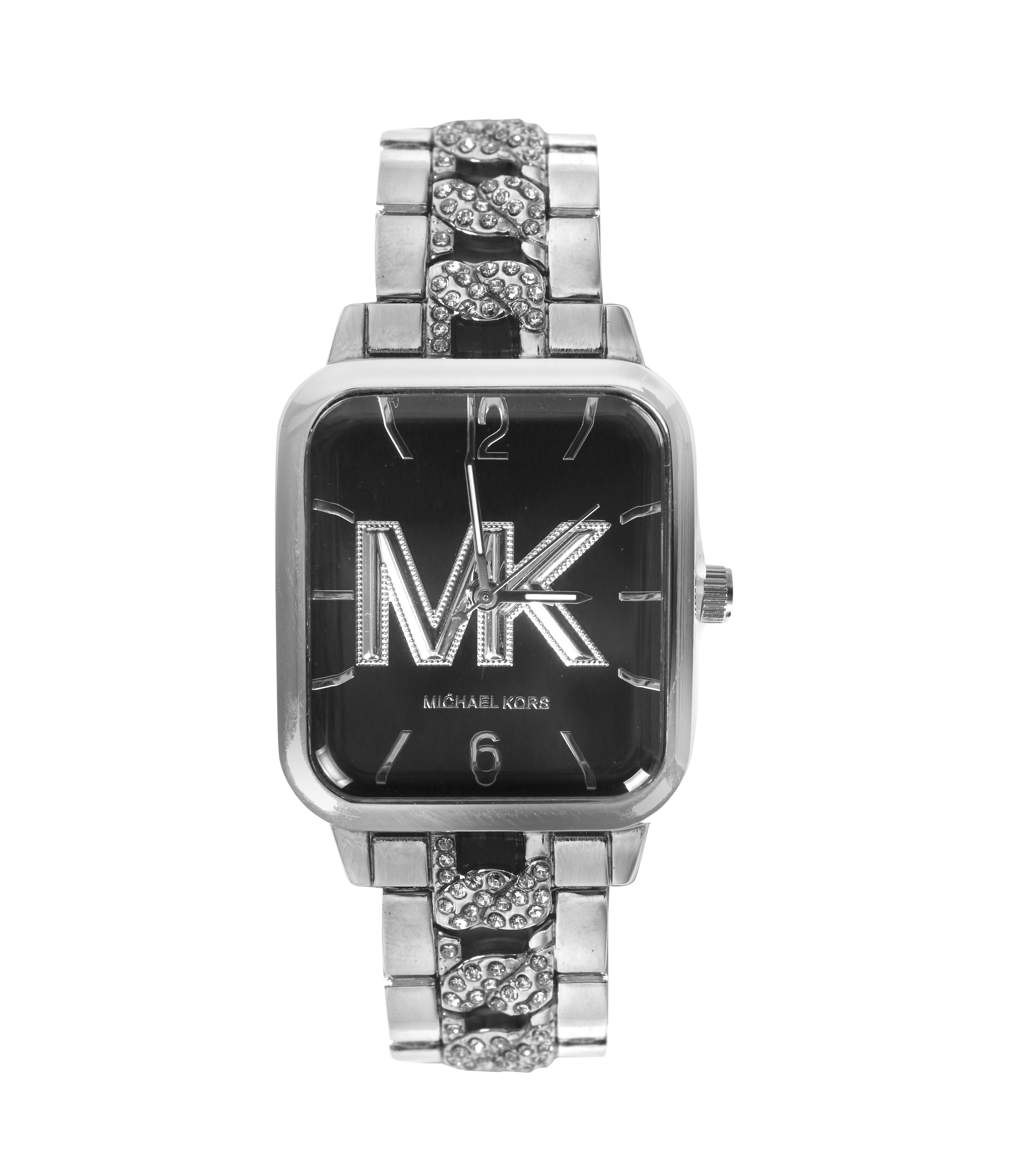 Michael Kors Women’s Square Case Quarters Watch Silver Stainless Steel Crystal Bracelet Black Dial High Quality