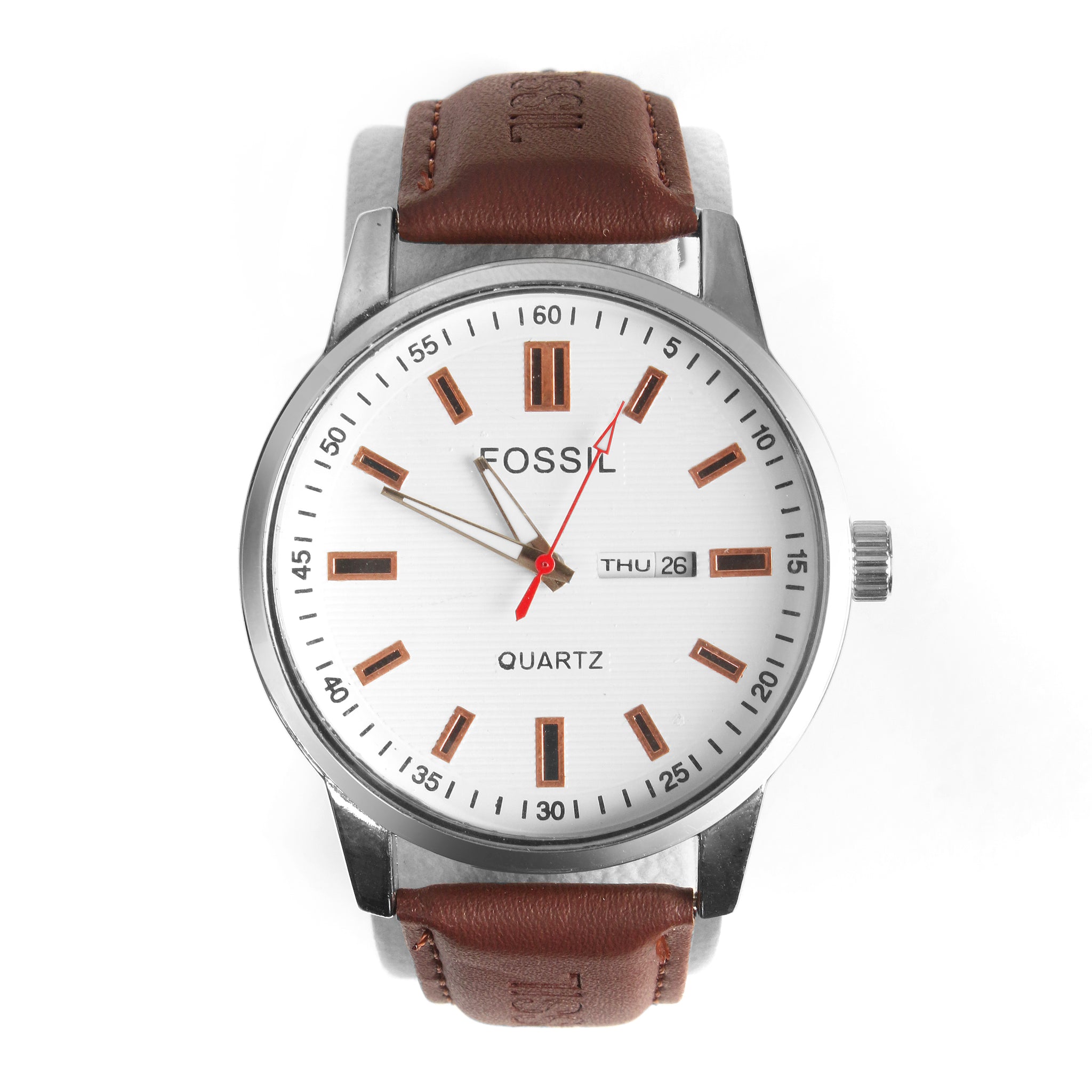 Fossil Men’s Quartz Watch – High Quality Edition, Silver Case, White Dial & Brown Leather Strap