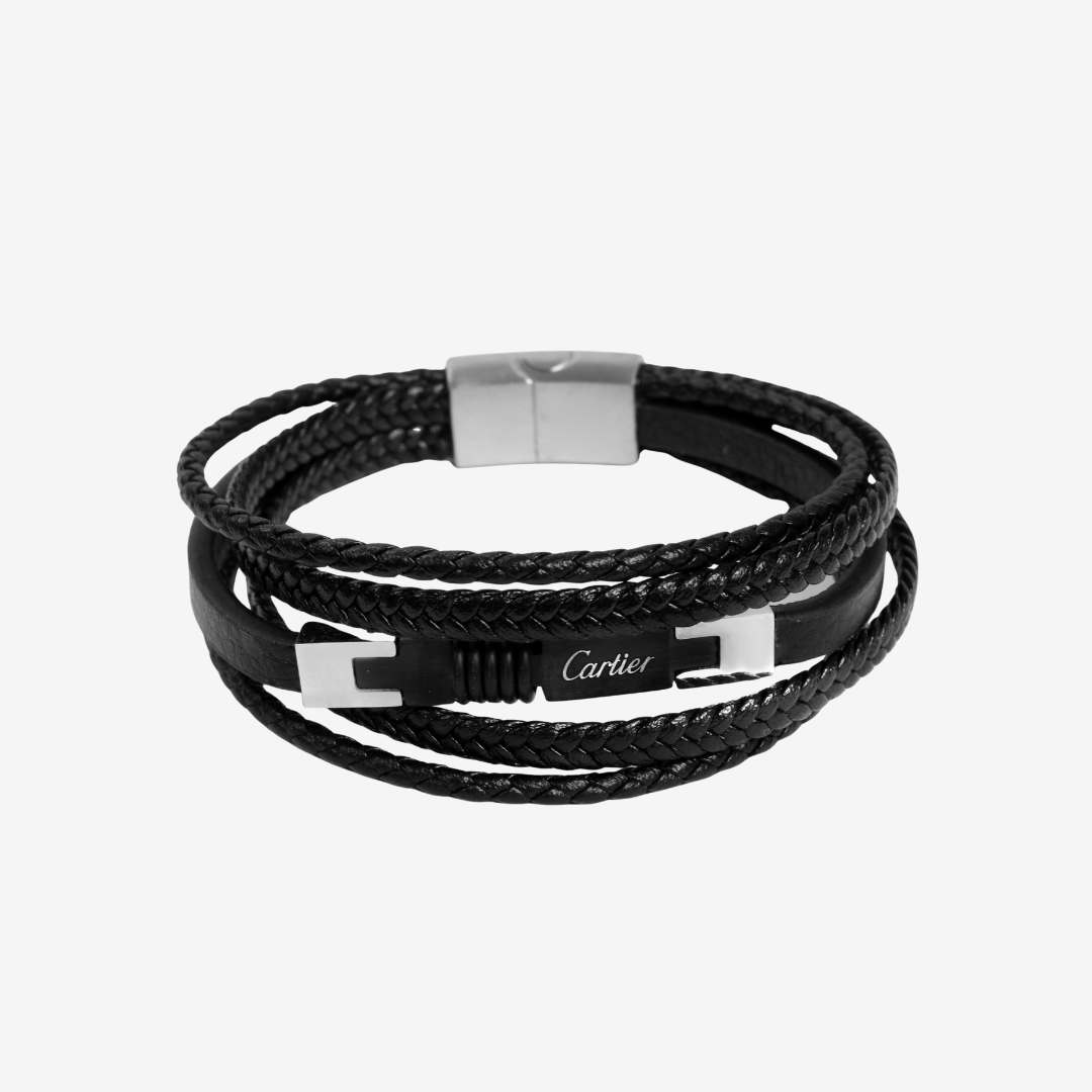 Cartier Men's Braided Black Leather Bracelet – Magnetic Clasp