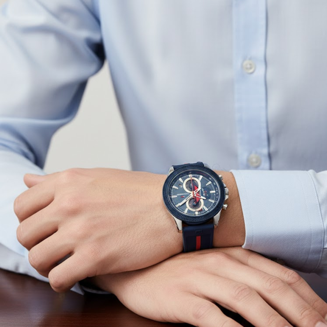 Tommy Hilfiger Men’s Chronograph Watch –  44mm Navy Blue Case, Navy Blue Rubber Strap Mirror Original