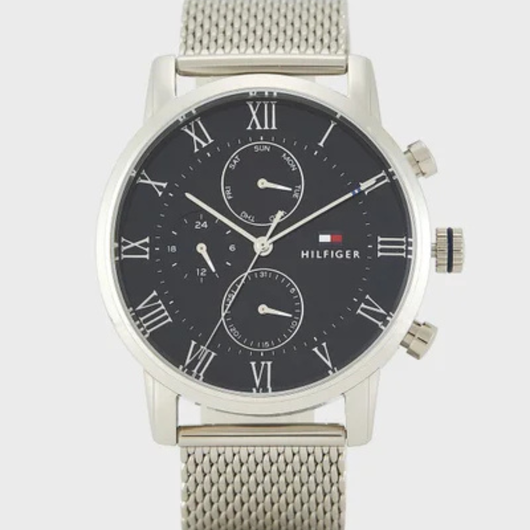 Tommy Hilfiger Men's Watch 50 mm – Mirror Original, Silver Mesh Strap & black Dial