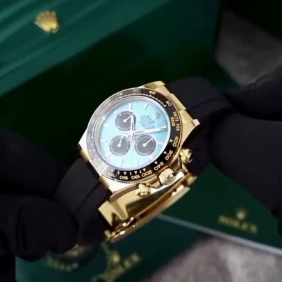 Rolex Daytona Unisex Watch Automatic 40mm – Light Blue Dial, Black Rubber Strap, Gold-Tone Bezel – Mirror Edition