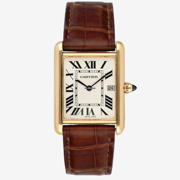 Cartier Tank Mirror Watch for Unisex – Gold Case, White Dial & Havana Brown Leather Strap