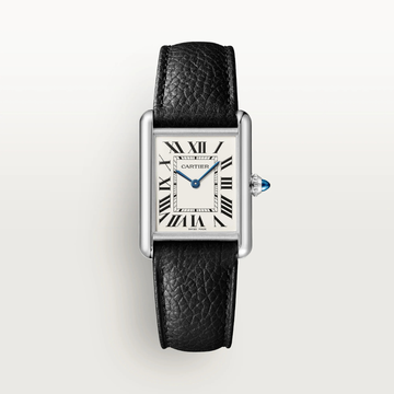 Cartier Tank Mirror Watch for Unisex – Silver Case, White Dial & Black Leather Strap