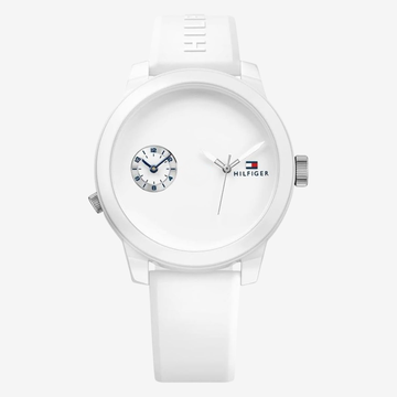 Tommy Hilfiger Denim Men’s Quartz Watch – 44mm White Dial, White Rubber Strap, Mirror Edition