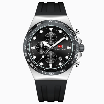 Mini Focus MF0488G Men’s Chronograph Watch Black Dial Silver Case with Rubber Strap - Original