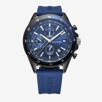 Tommy Hilfiger Men’s Chronograph Watch – Blue Dial, Blue Rubber Strap, Gunmetal Case, 46mm Mirror Edition