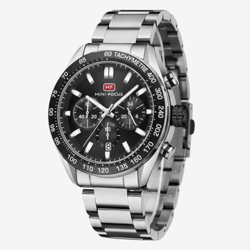 Mini Focus Men’s Chronograph Watch 44mm – Stainless Steel Strap, Black Dial, Sport Style Original