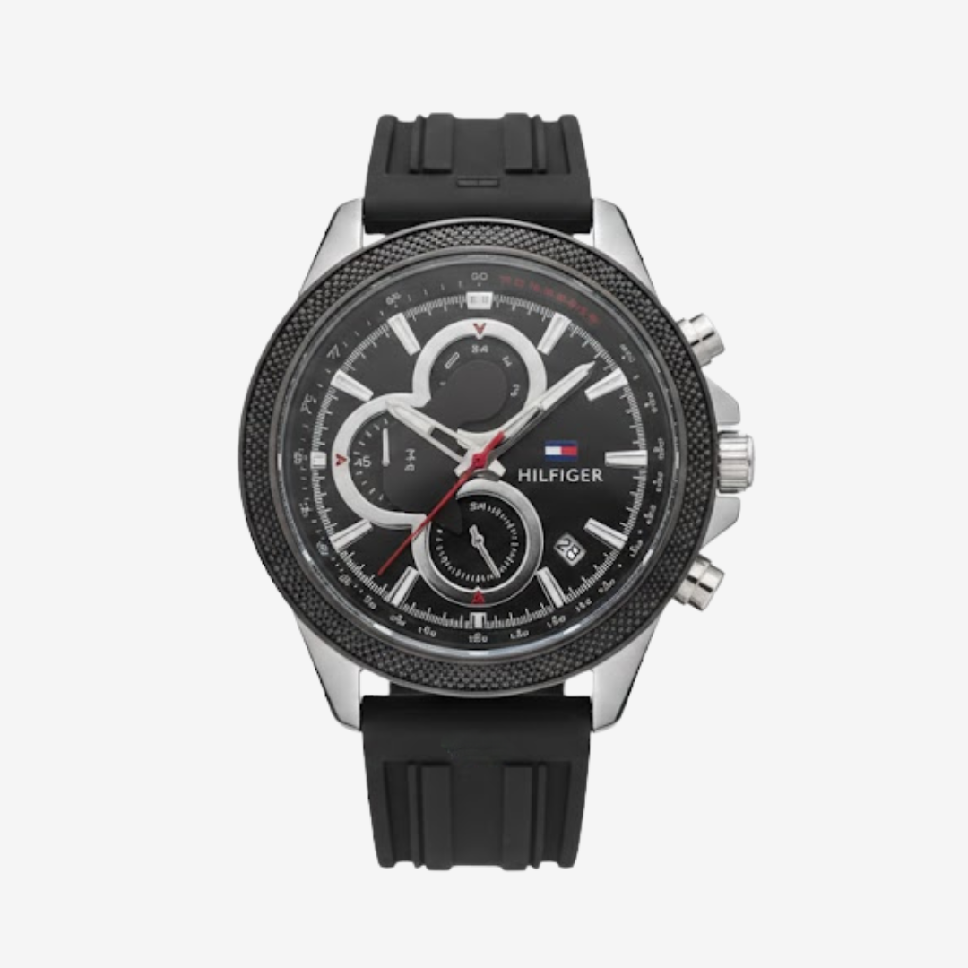Tommy Hilfiger Men’s Watch – Black Chronograph, 44mm Case, Black Rubber Strap, Mirror Original
