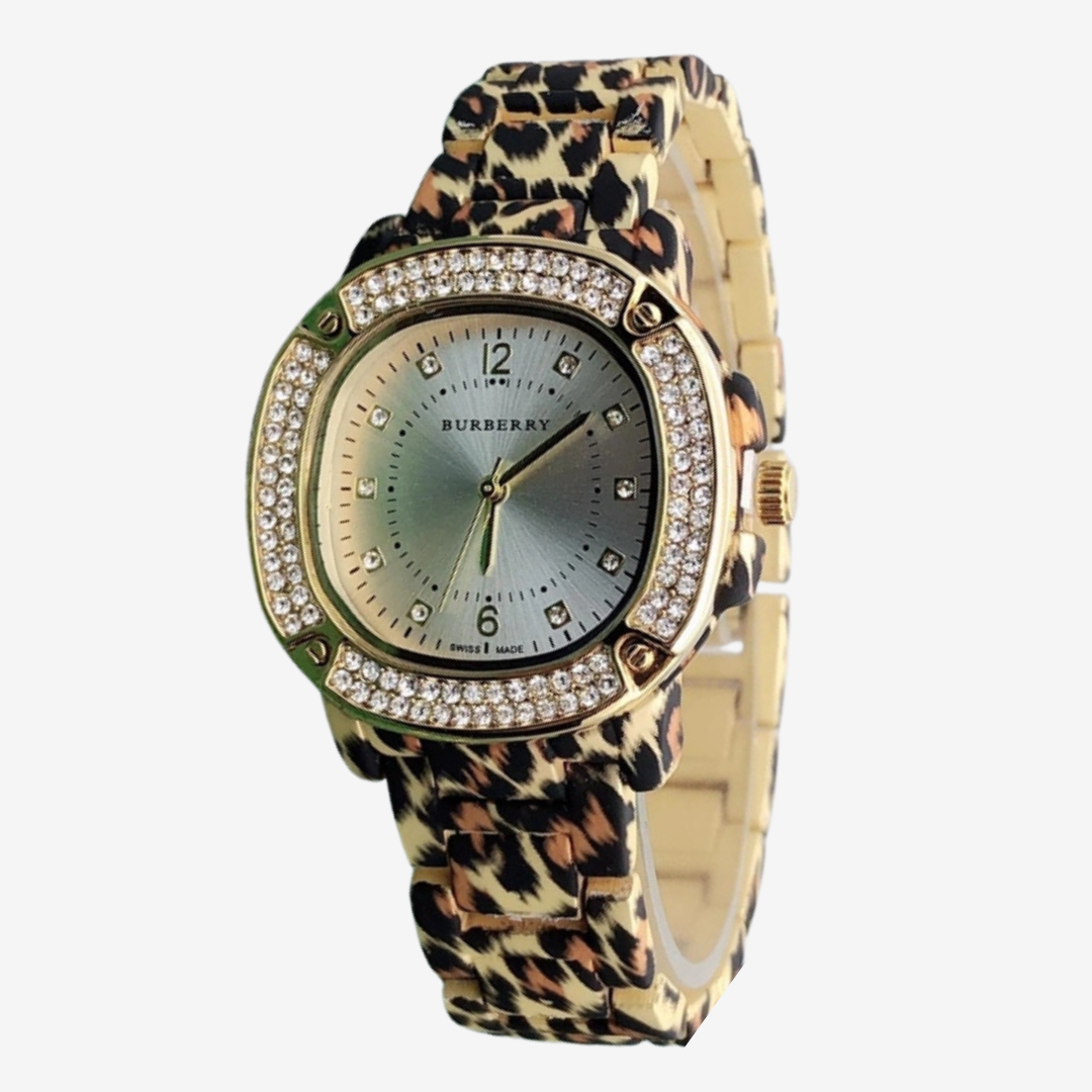 Burberry Bloom Women’s Watch – Light Gold Dial with Crystal Bezel, Stainless Steel Tiger-Print Strap – Mirror Edition