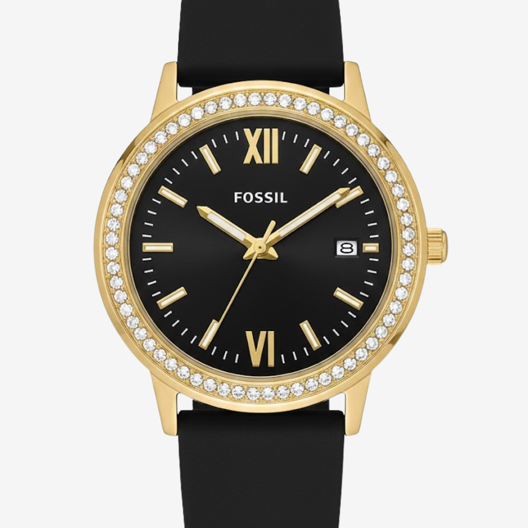 Fossil Women’s Watch Gold Tone with Crystal Bezel, Black Dial & Black Rubber Strap Mirror Original