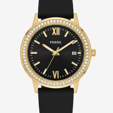 Fossil Women’s Watch Gold Tone with Crystal Bezel, Black Dial & Black Rubber Strap Mirror Original