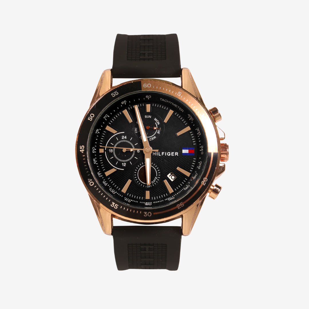 Tommy Hilfiger Men's  Watch – Quarters, Black Rubber Strap, Dual-Tone Black & Gold Case, 46mm - Mirror Edition