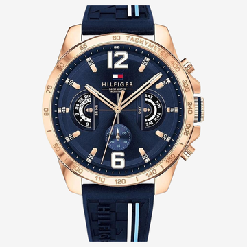 Tommy Hilfiger Men's  Sport Watch 1791474 – 44mm, Blue Rubber Strap, Gold Case & Blue Dial - Original