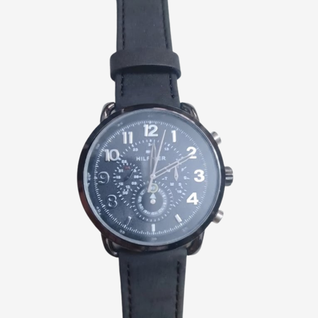 Tommy Hilfiger Brigs Men's Watch , 44mm Black Dial & Black Suede Leather Strap – Mirror Edition