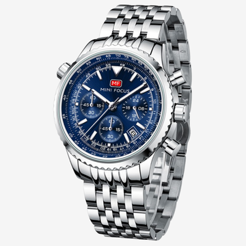 Mini Focus MF0463G Men’s Stainless Steel Quartz Watch  Silver Strap, Navy Blue 43mm Dial Chronograph, Luminous, Waterproof Original