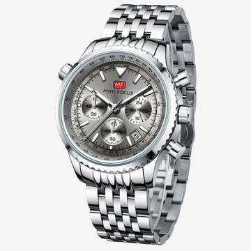 Mini Focus MF0463G Men’s Stainless Steel Quartz Watch Silver Strap, White Dial 43mm Chronograph, Luminous, Waterproof Original