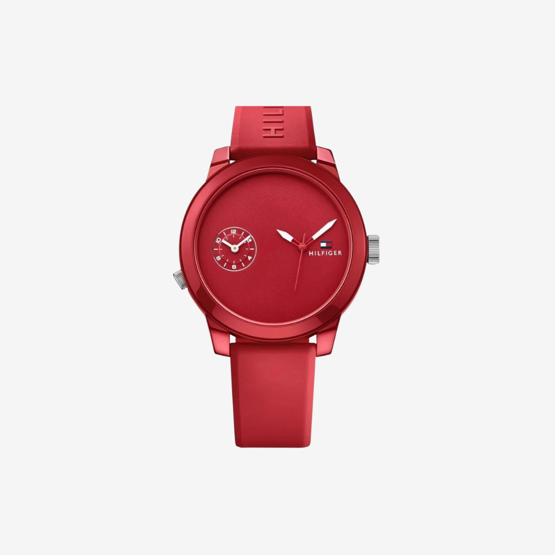 Tommy Hilfiger Denim Men’s Quartz Watch – 44mm Red Dial, Red Rubber Strap, Mirror Edition