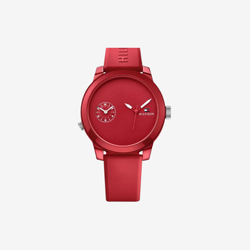 Tommy Hilfiger Denim Men’s Quartz Watch – 44mm Red Dial, Red Rubber Strap, Mirror Edition