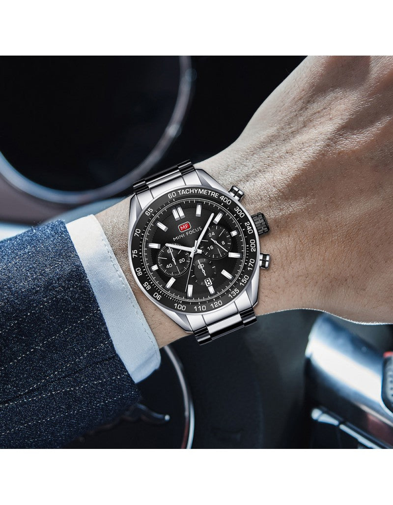 Mini Focus Men’s Chronograph Watch 44mm – Stainless Steel Strap, Black Dial, Sport Style Original
