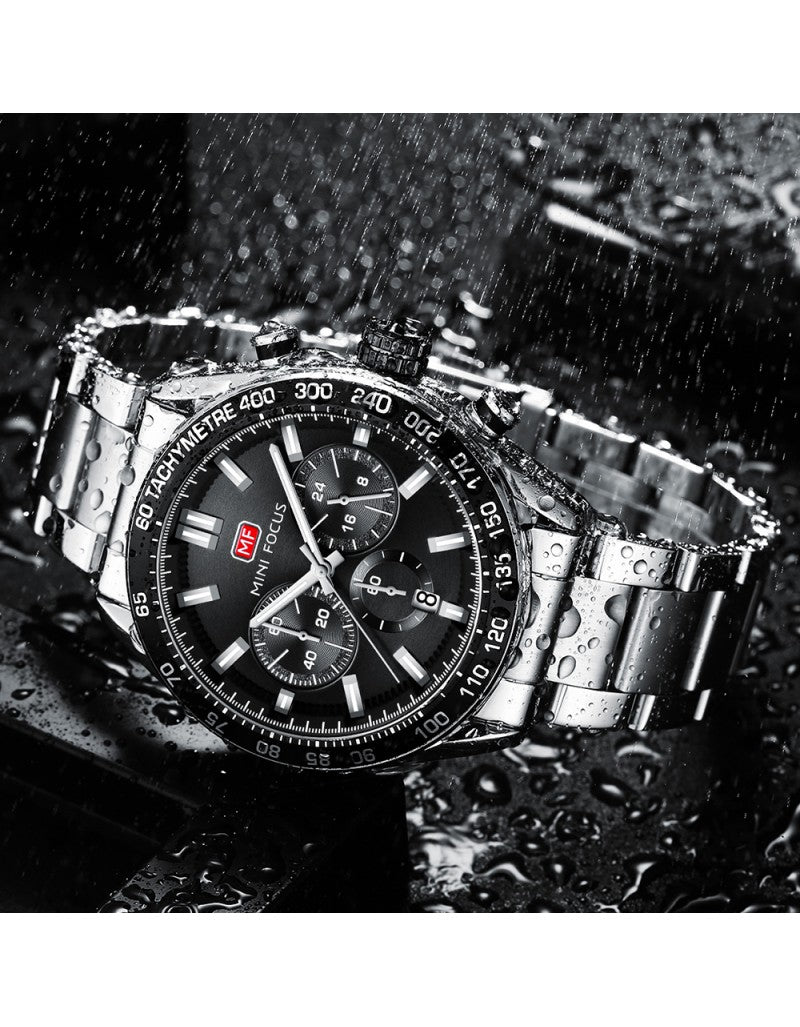 Mini Focus Men’s Chronograph Watch 44mm – Stainless Steel Strap, Black Dial, Sport Style Original
