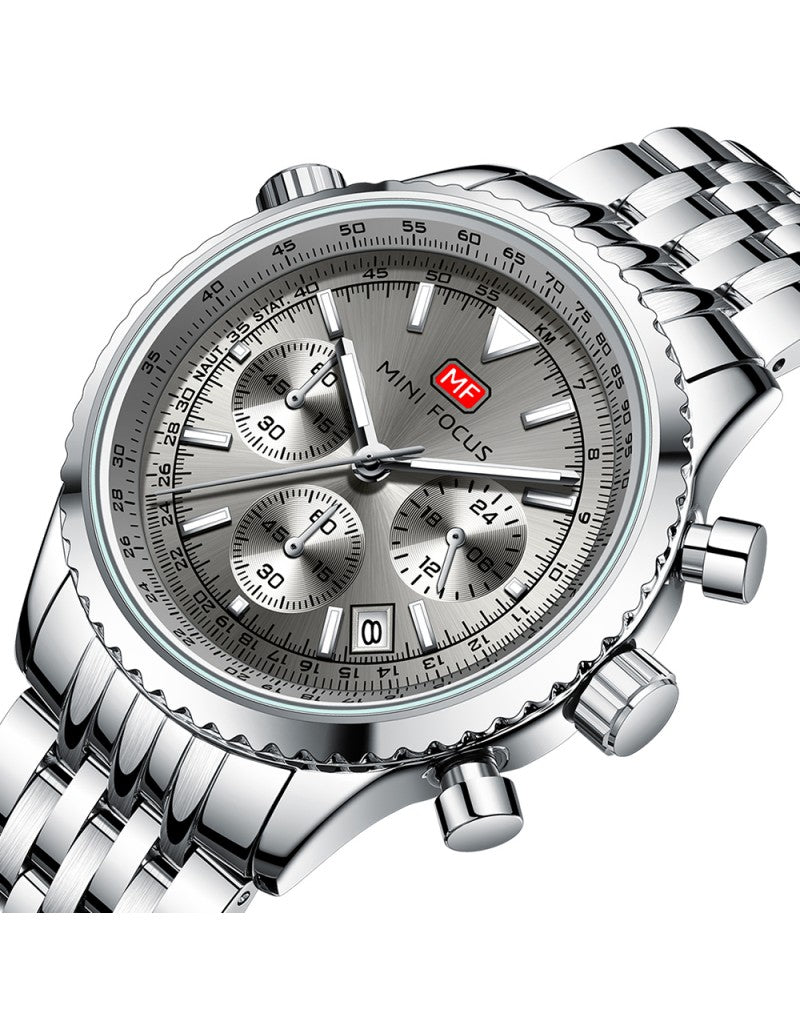 Mini Focus MF0463G Men’s Stainless Steel Quartz Watch Silver Strap, White Dial 43mm Chronograph, Luminous, Waterproof Original