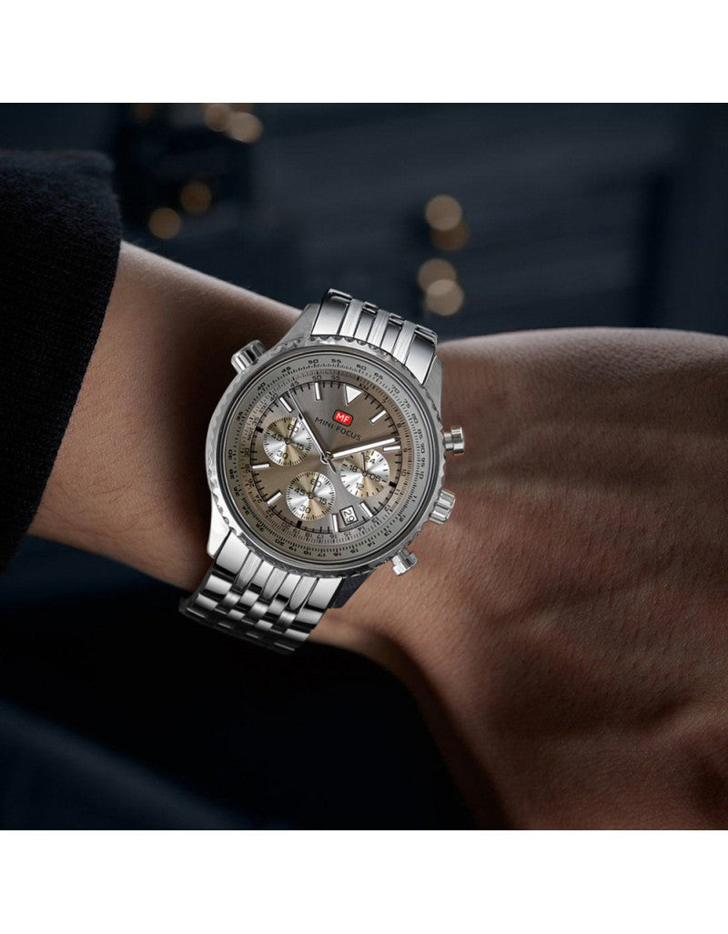 Mini Focus MF0463G Men’s Stainless Steel Quartz Watch Silver Strap, White Dial 43mm Chronograph, Luminous, Waterproof Original