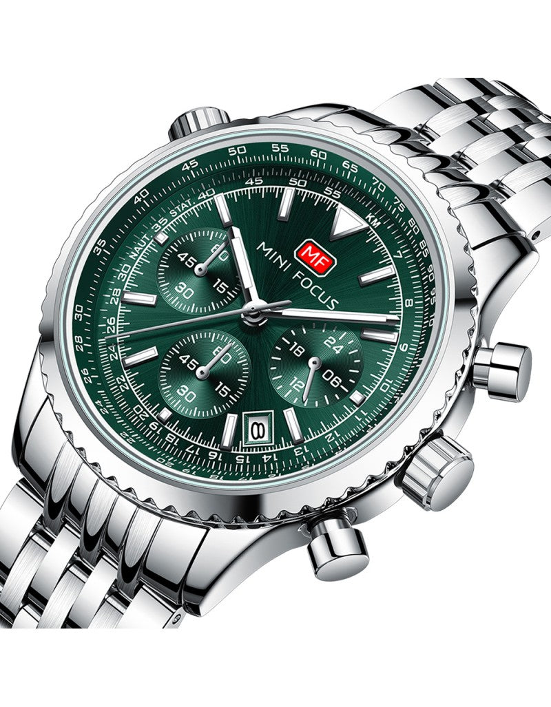 Mini Focus MF0463G Men’s Stainless Steel Quartz Watch Silver Strap, dark green Dial 43mm Chronograph, Luminous, Waterproof Original