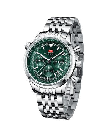 Mini Focus MF0463G Men’s Stainless Steel Quartz Watch Silver Strap, dark green Dial 43mm Chronograph, Luminous, Waterproof Original