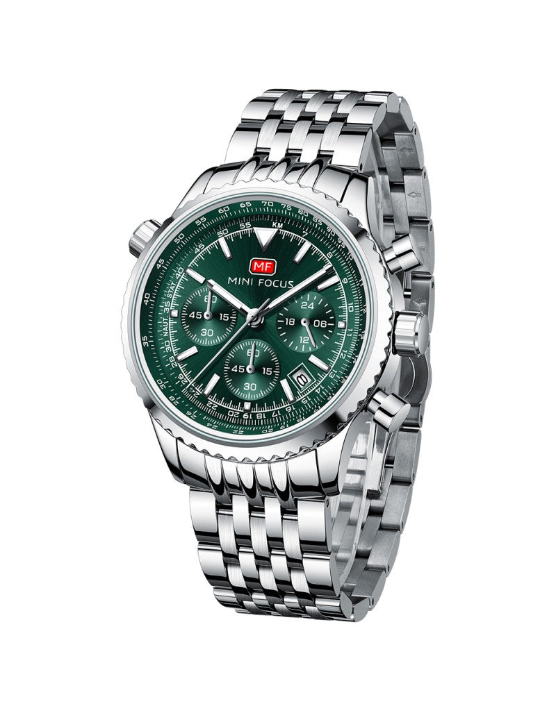 Mini Focus MF0463G Men’s Stainless Steel Quartz Watch Silver Strap, dark green Dial 43mm Chronograph, Luminous, Waterproof Original