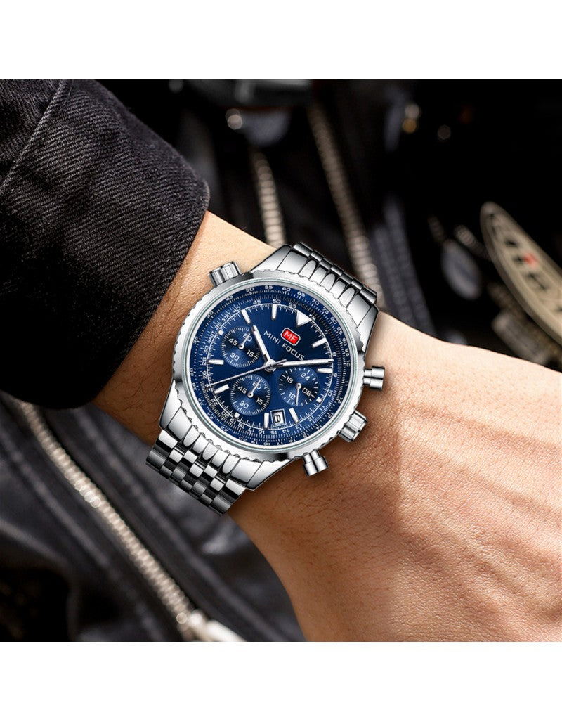 Mini Focus MF0463G Men’s Stainless Steel Quartz Watch  Silver Strap, Navy Blue 43mm Dial Chronograph, Luminous, Waterproof Original