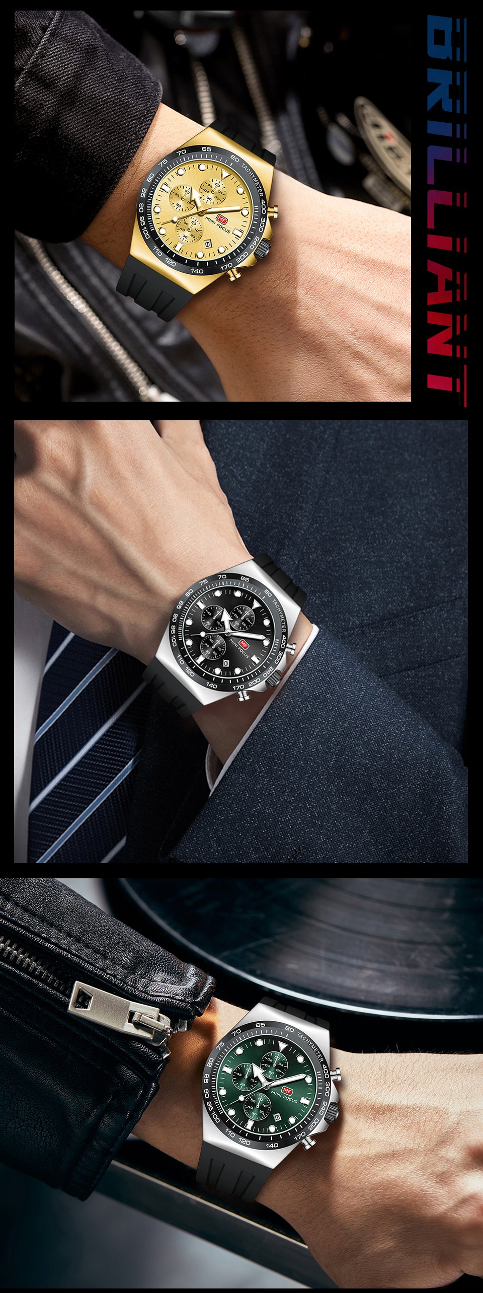 Mini Focus MF0488G Men’s Chronograph Watch Black Dial Silver Case with Rubber Strap - Original