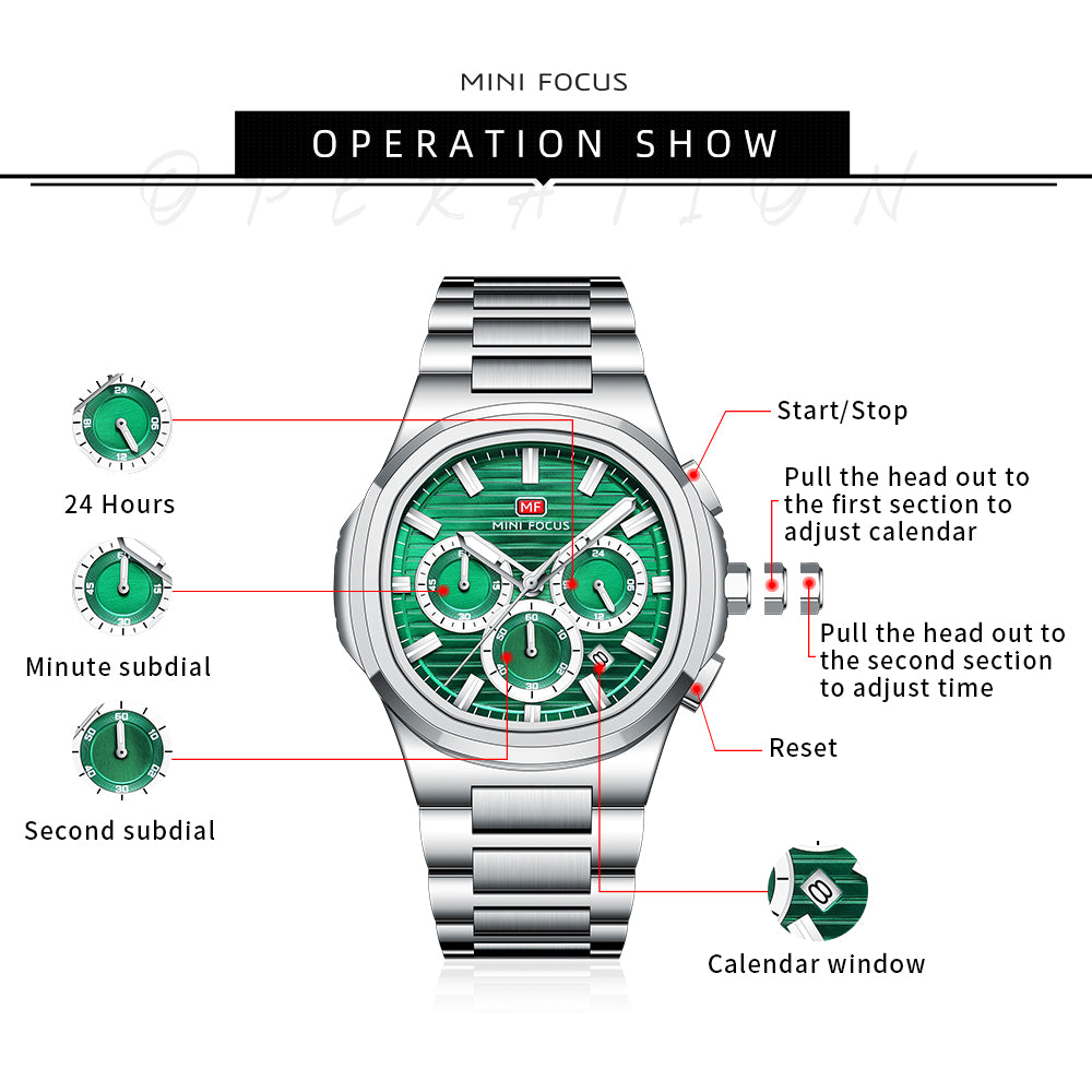 Mini Focus MF0610G Men’s Quartz Watch Stainless Steel 45mm Luminous Hands Original