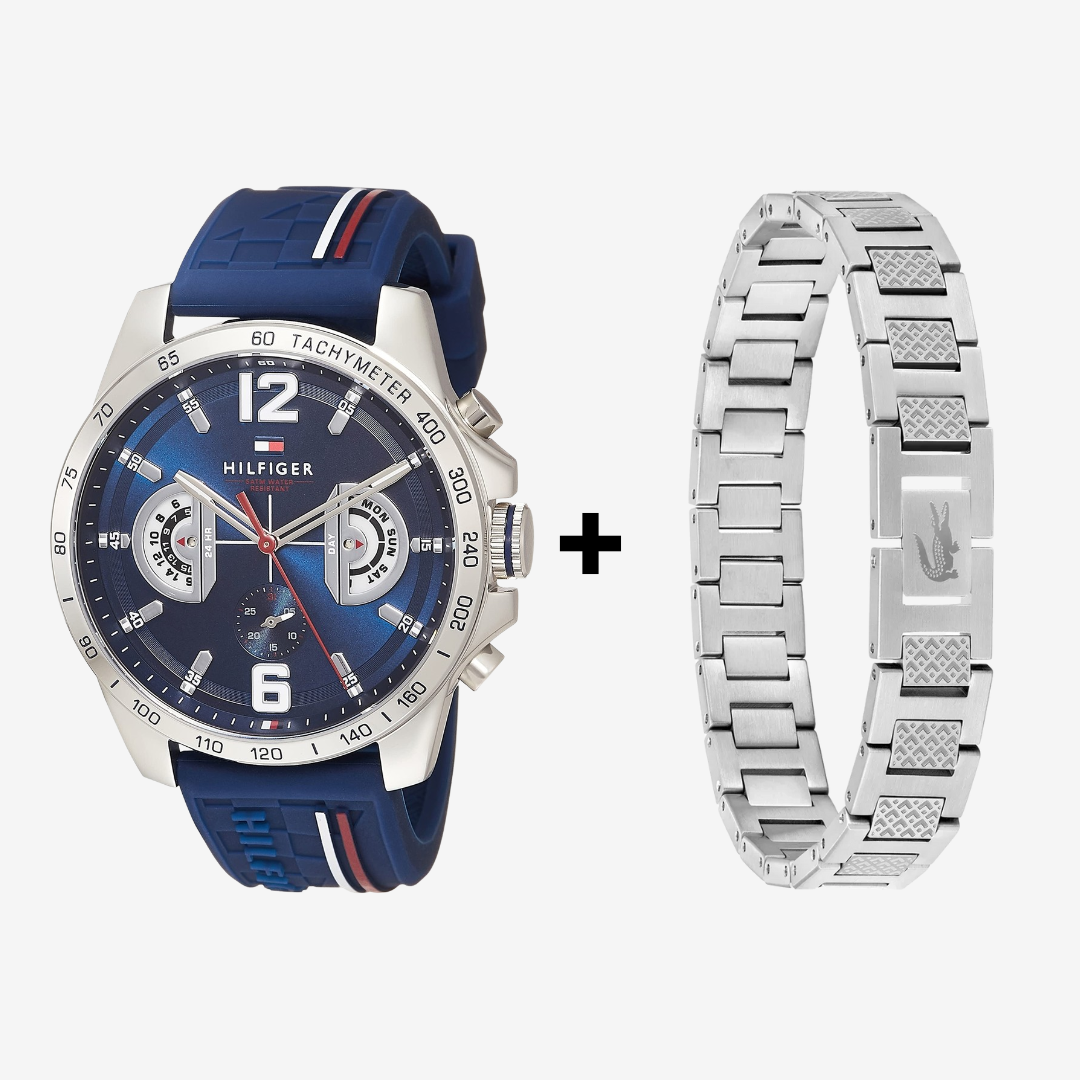 Tommy Hilfiger Men’s Watch 1791476 + Lacoste Bracelet Stainless Steel Silver Original