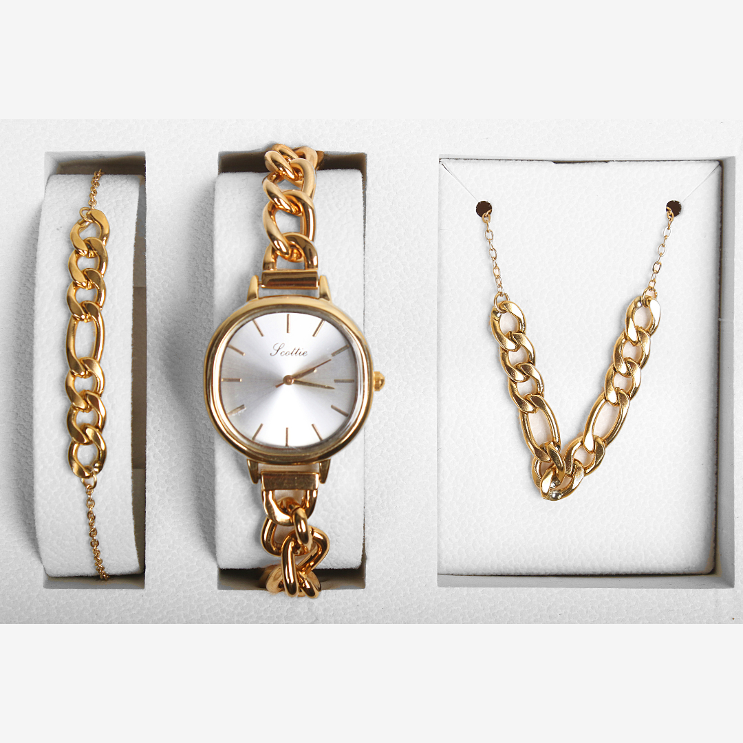 Scottie Women’s Set Golden Watch Necklace Bracelet Stylish Original