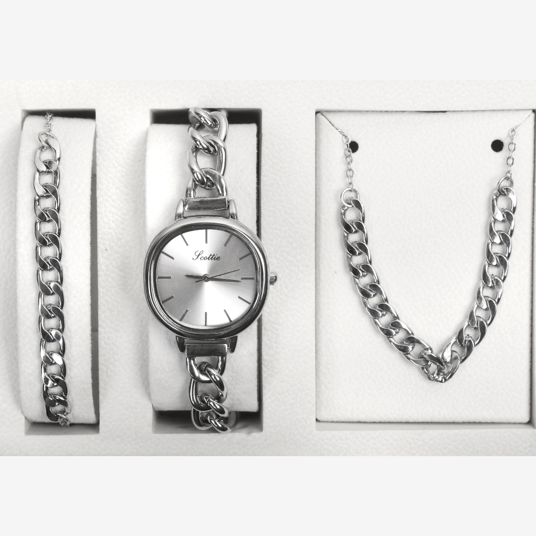Scottie Women’s Set Silver Watch Necklace Bracelet Stylish Original