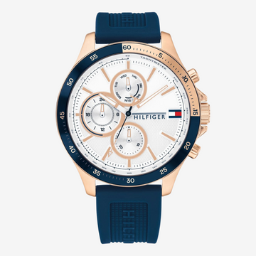 Tommy Hilfiger Men’s Quartz Watch 44mm Blue Rubber Strap White Round Dial Mirror Edition