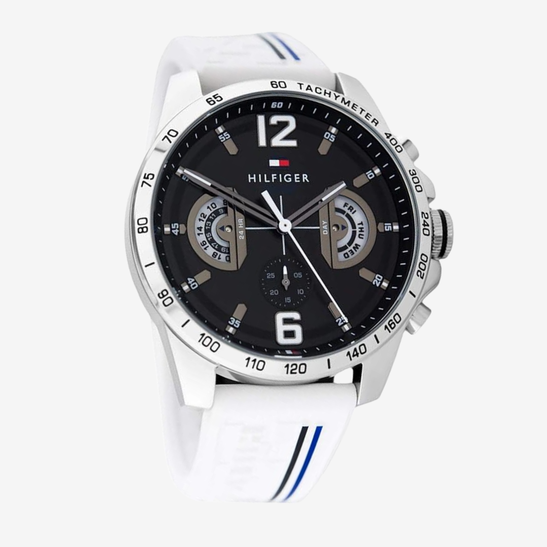 Tommy Hilfiger Men's Black Dial Rubber Band Watch - 1791475 44mm White Strap - Mirror Edition