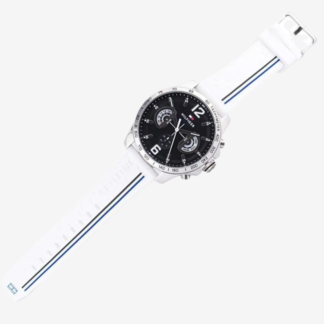 Tommy Hilfiger Men's Black Dial Rubber Band Watch - 44mm White Strap - Mirror Edition