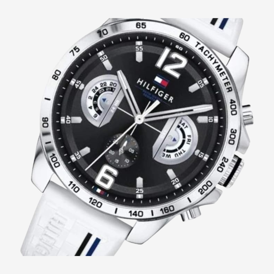 Tommy Hilfiger Men's Black Dial Rubber Band Watch - 44mm White Strap - Mirror Edition
