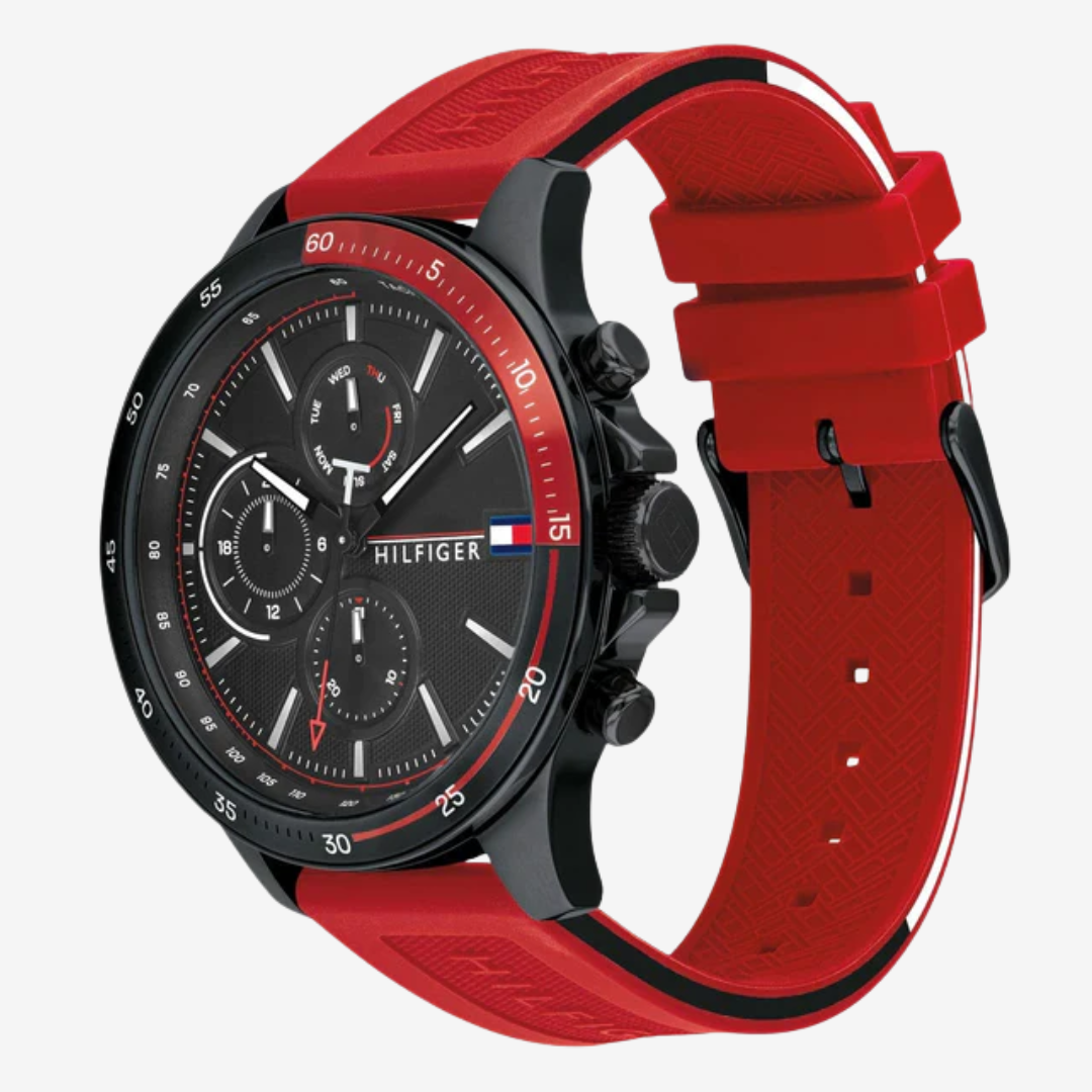 Tommy Hilfiger Men’s Watch 44mm Black Dial Red Silicon Strap Mirror Edition