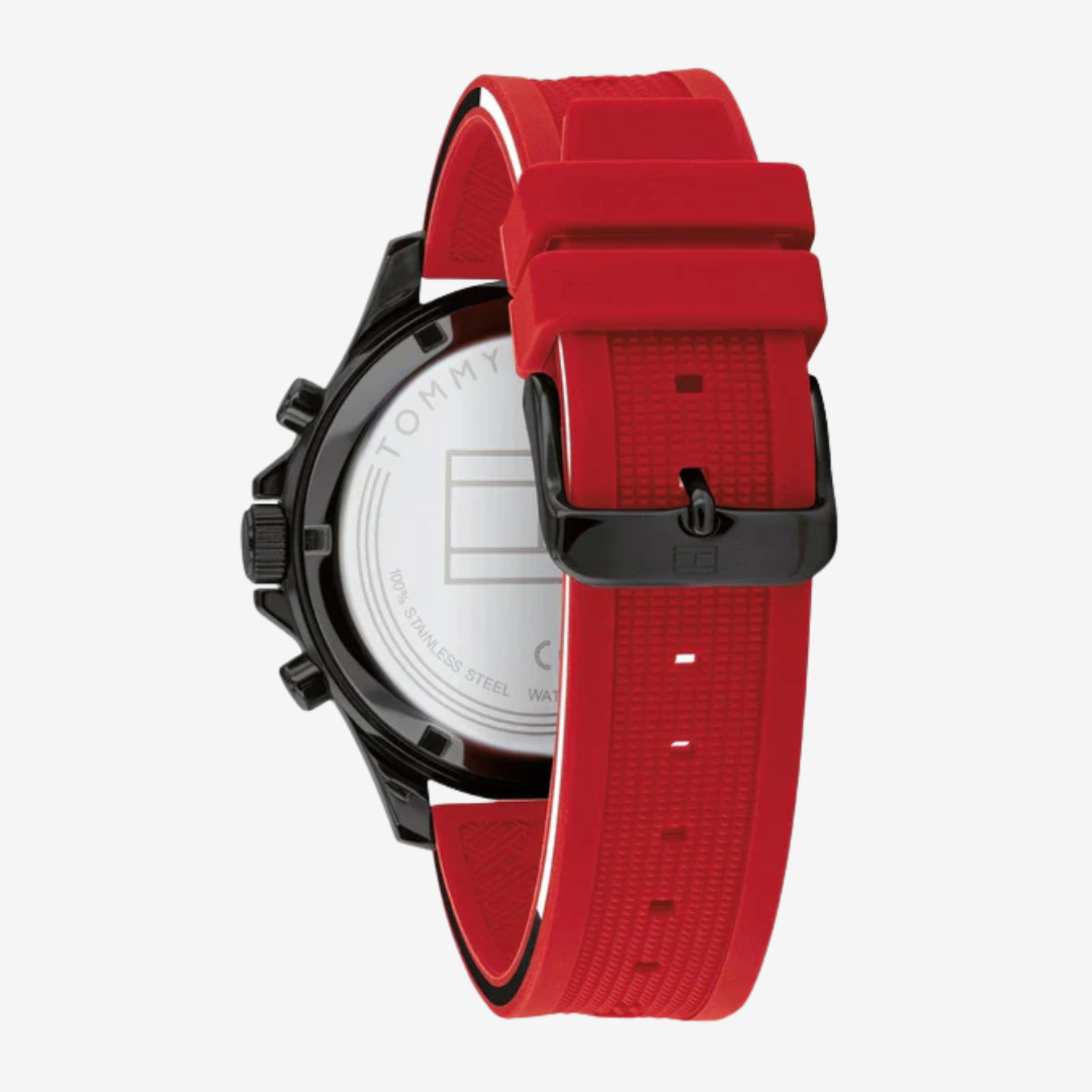 Tommy Hilfiger Men’s Watch 44mm Black Dial Red Silicon Strap Mirror Edition