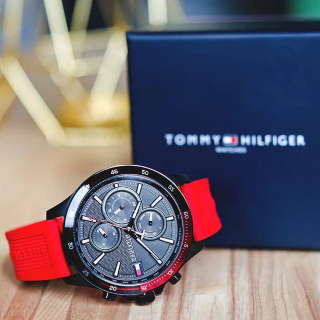 Tommy Hilfiger Men’s Watch 44mm Black Dial Red Silicon Strap Mirror Edition