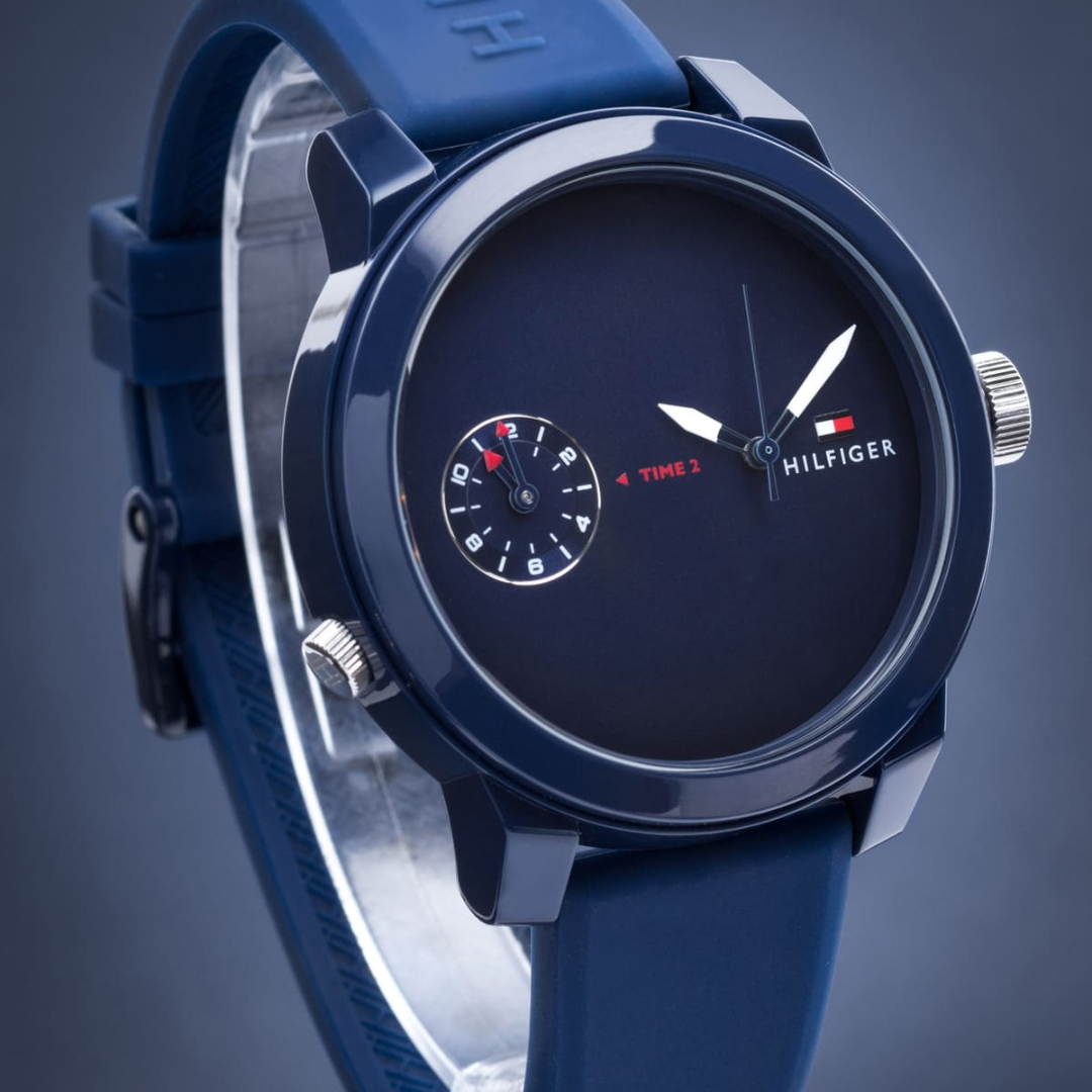 Tommy Hilfiger Denim Men’s Quartz Watch – 44mm Navy Blue Dial, Navy Blue Rubber Strap, Mirror Edition