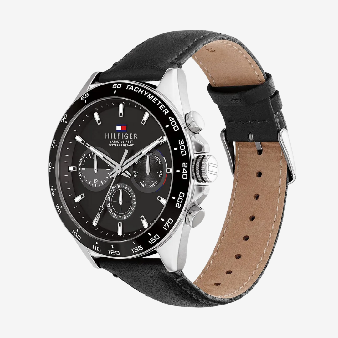 Tommy Hilfiger Men’s Watch 1791964 44mm Black Dial Black Leather Strap Quartz Analog Original